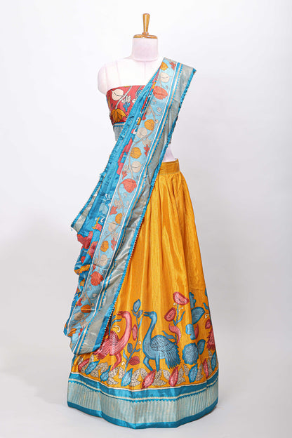 Mustard dola silk birds and floral printed lehenga with contrast blouse and dhavani