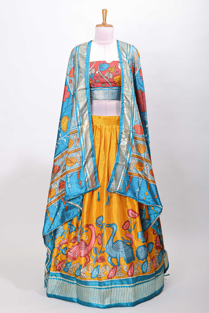 Mustard dola silk birds and floral printed lehenga with contrast blouse and dhavani