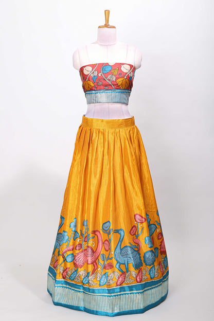 Mustard dola silk birds and floral printed lehenga with contrast blouse and dhavani