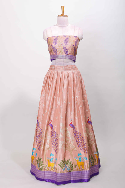 Peach dola silk peacock and floral printed lehenga with contrast border and dhavani