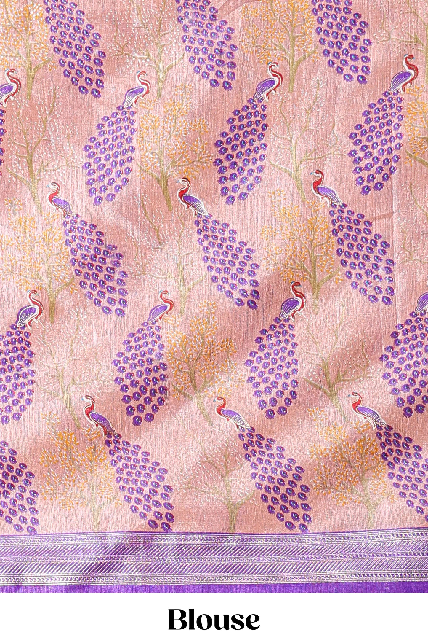 Peach dola silk peacock and floral printed lehenga with contrast border and dhavani