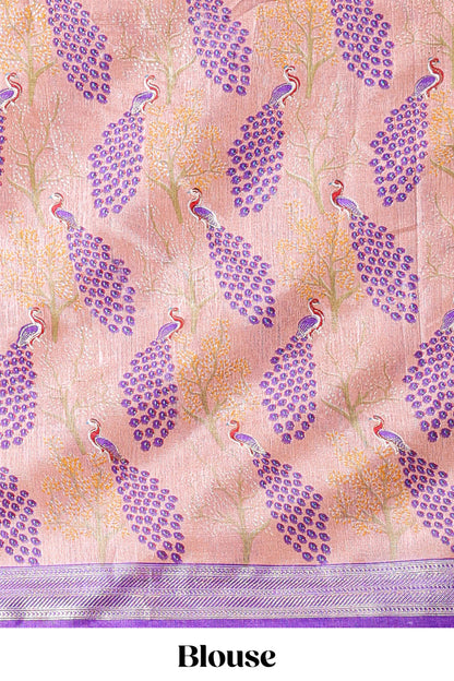 Peach dola silk peacock and floral printed lehenga with contrast border and dhavani