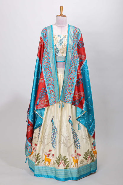 Cream dola silk peacock and floral printed lehenga with contrast border and dhavani