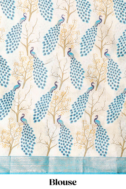 Cream dola silk peacock and floral printed lehenga with contrast border and dhavani