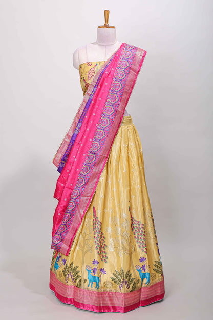 Sandal dola silk peacock and floral printed lehenga with contrast border and dhavani