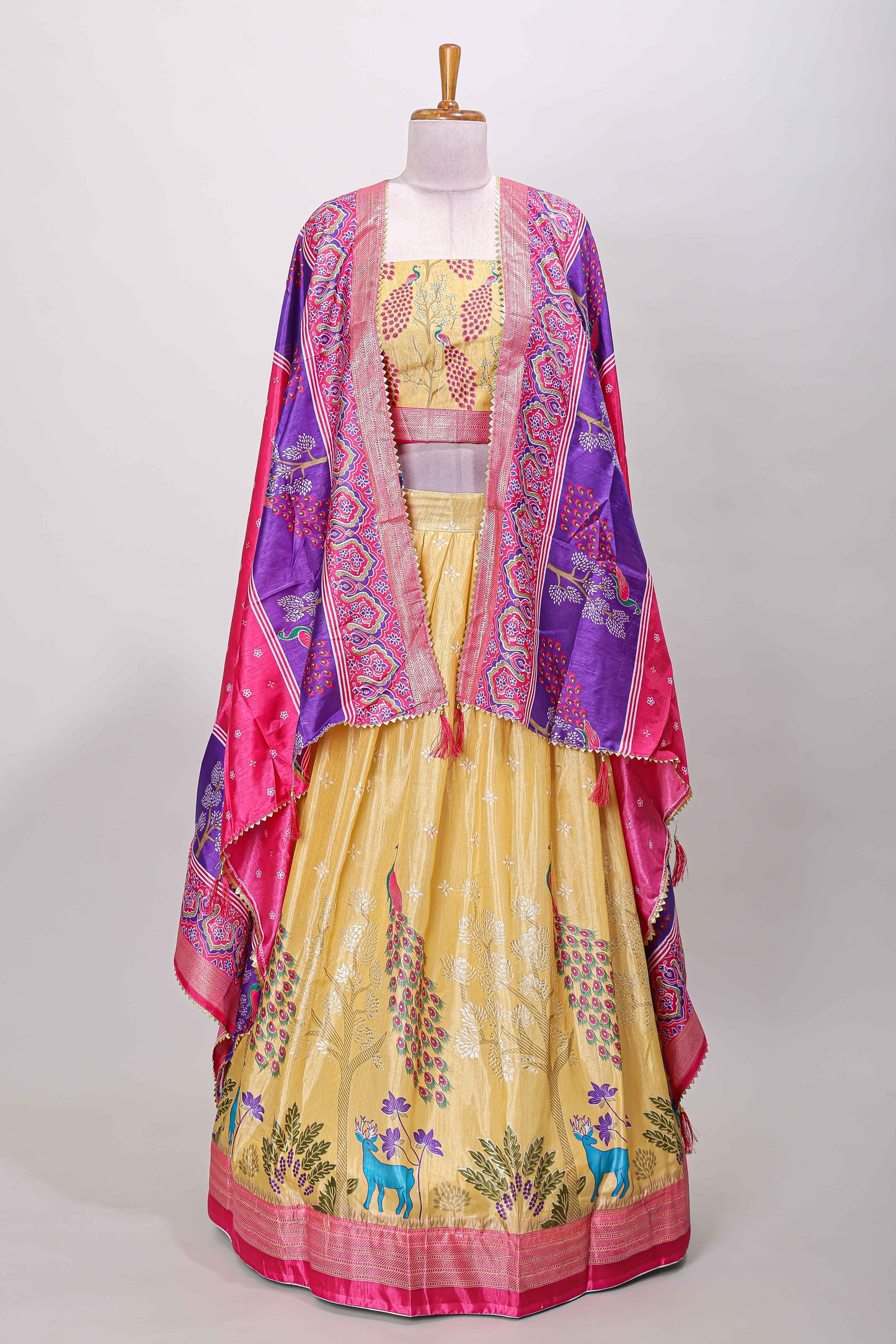 Sandal dola silk peacock and floral printed lehenga with contrast border and dhavani