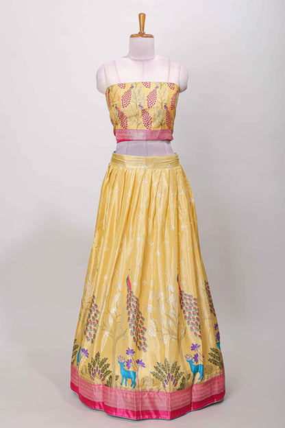 Sandal dola silk peacock and floral printed lehenga with contrast border and dhavani