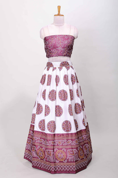 Maroon dola silk bhandani elephant and floral printed lehenga with contrast blouse and dhavani