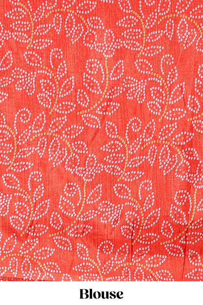 Red dola silk bhandani elephant and floral printed lehenga with contrast blouse and dhavani