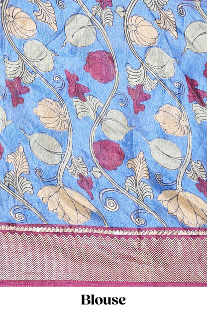 Cream dola silk birds and floral printed lehenga with contrast blouse and dhavani