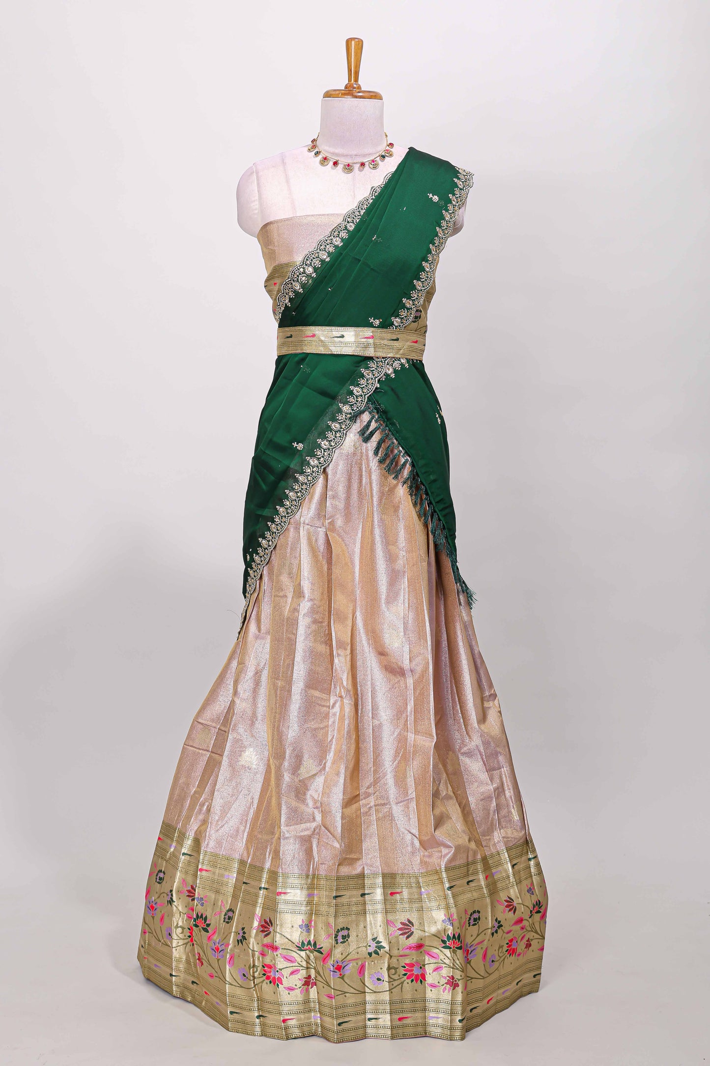 Sandal tissue lehenga with floral vines butta design and contrast border dhavani
