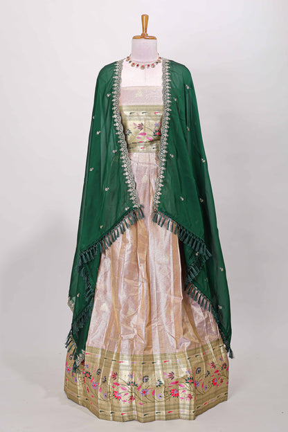 Sandal tissue lehenga with floral vines butta design and contrast border dhavani