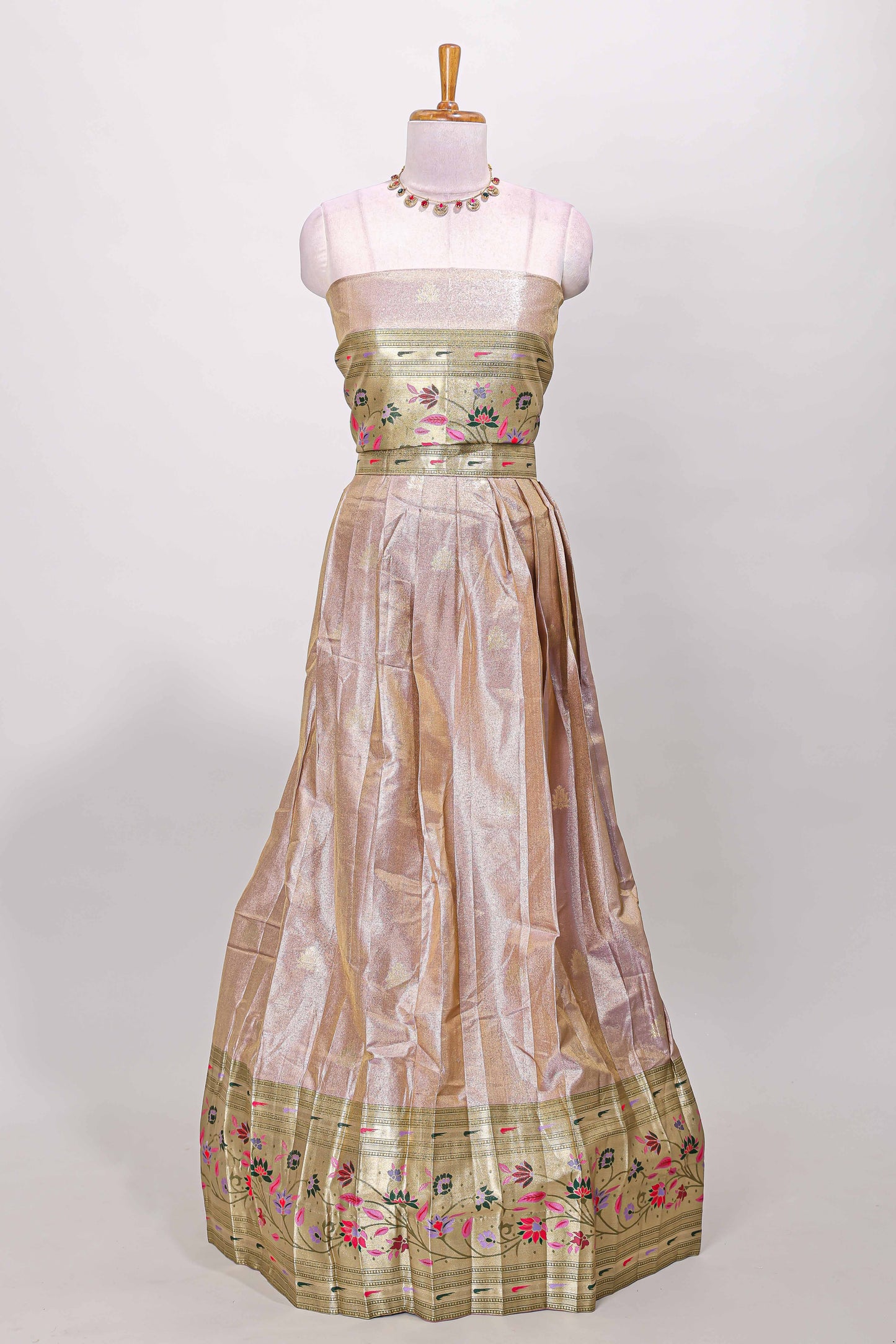 Sandal tissue lehenga with floral vines butta design and contrast border dhavani