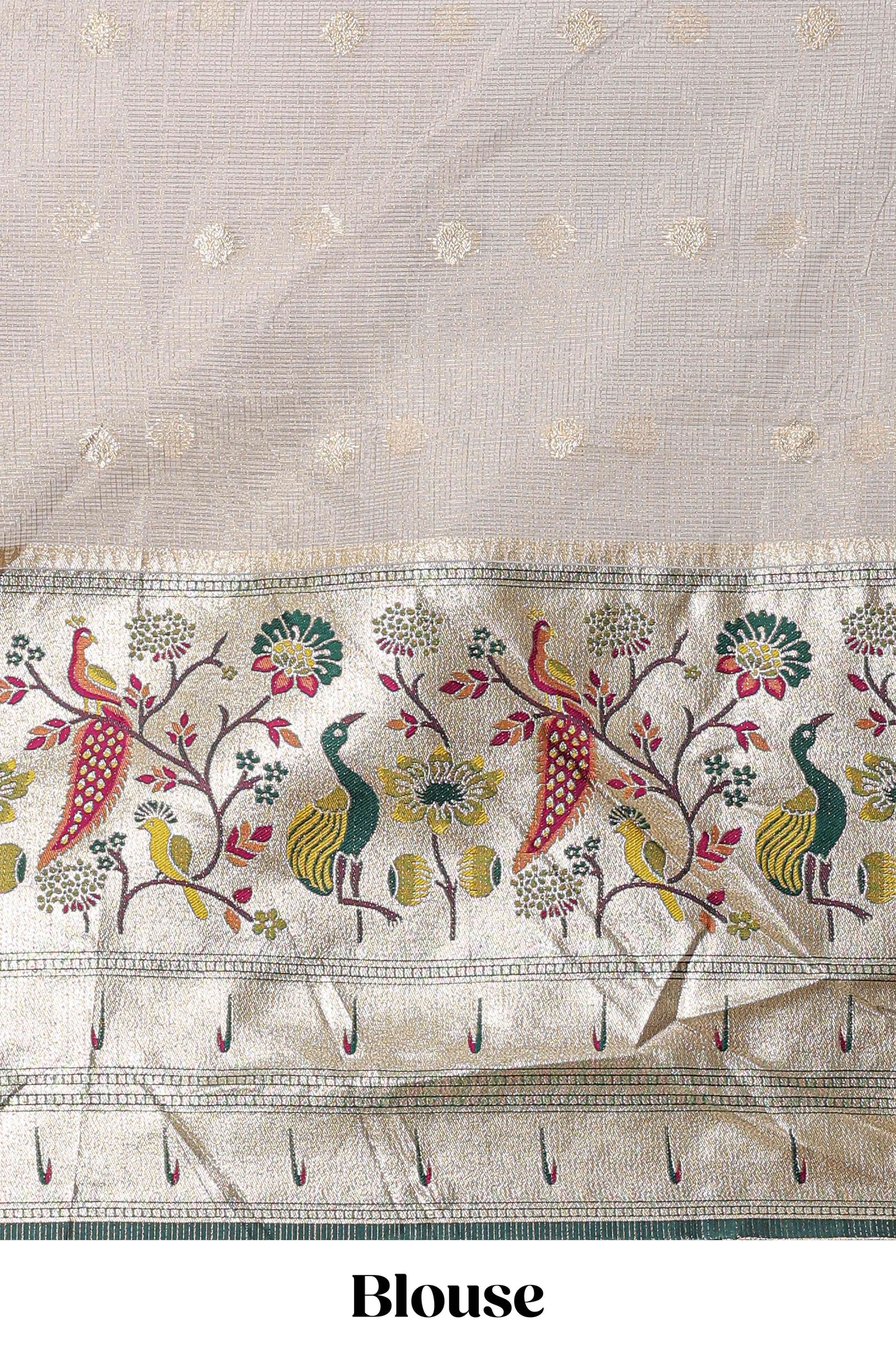 Cream cotton lehenga with floral vines zari butta design and green border dhavani