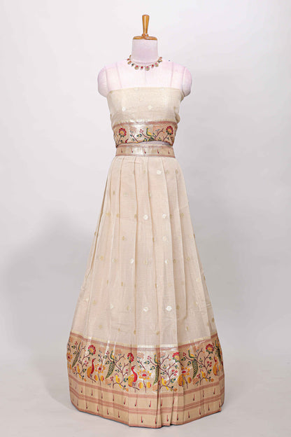 Cream cotton lehenga with floral vines zari butta design and maroon border dhavani