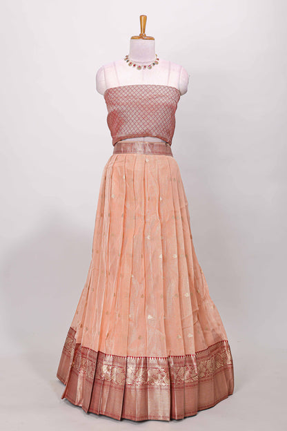 Orange kota cotton lehenga featuring a textured body with zari butta, finished with a contrast border and matching dhavani