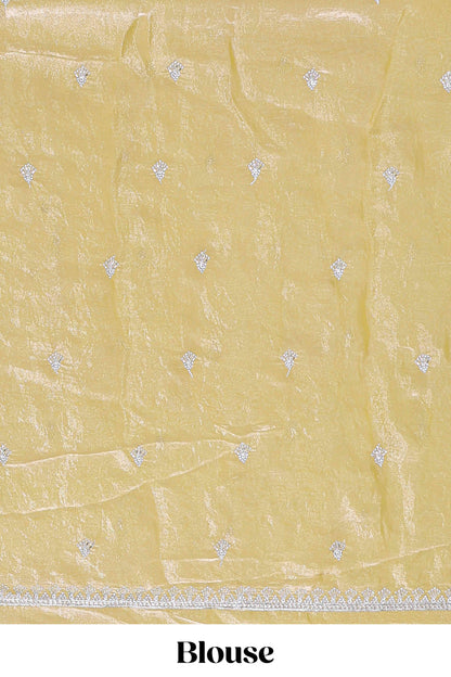 Yellow fendy chiffon lehenga with all over embroidery and stone work, paired with a contrast dhavani