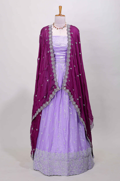 Lavender fendy chiffon lehenga with all over embroidery and stone work, paired with a contrast dhavani