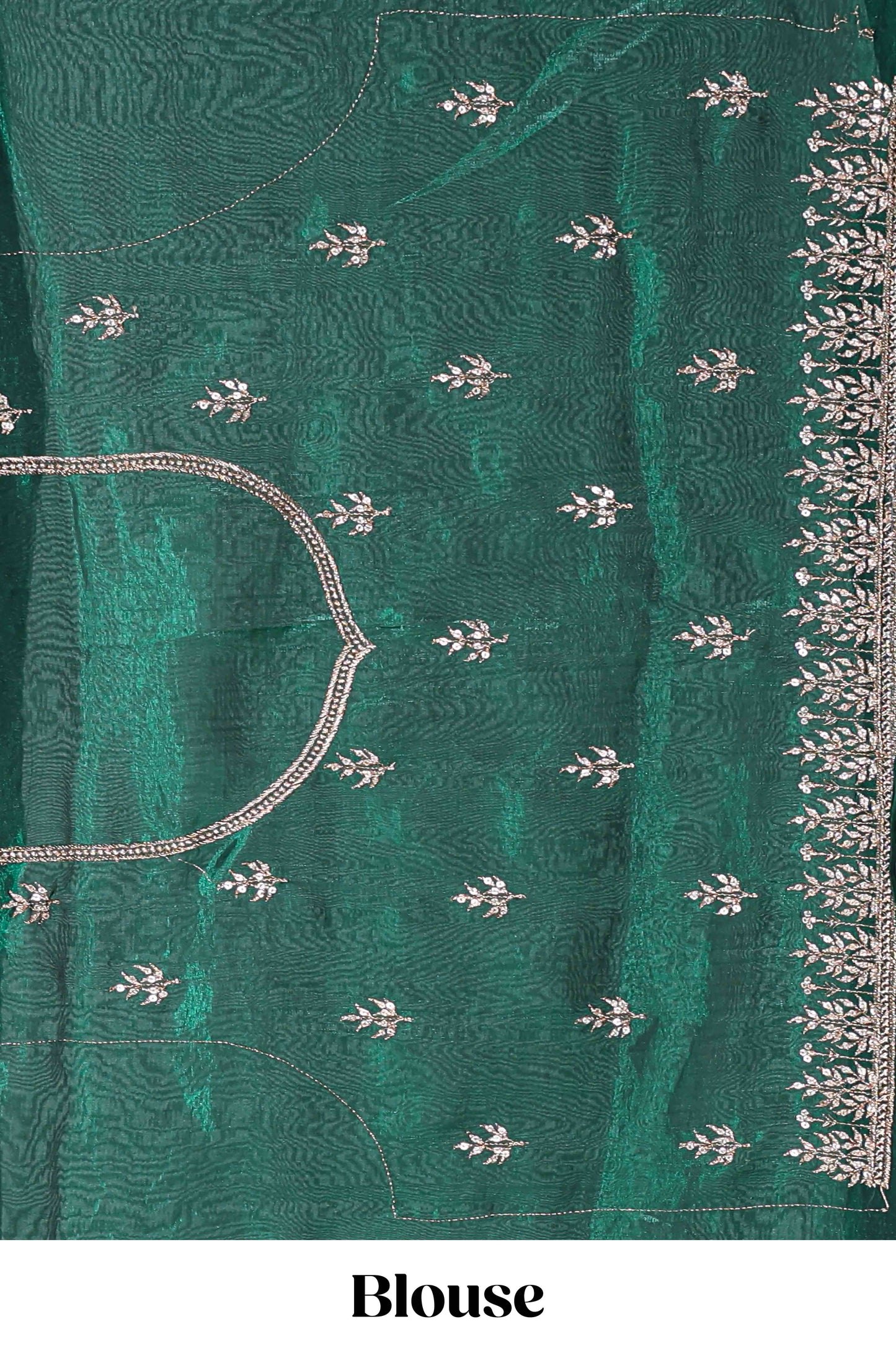 Green fendy chiffon lehenga with all over embroidery and stone work, paired with a contrast dhavani