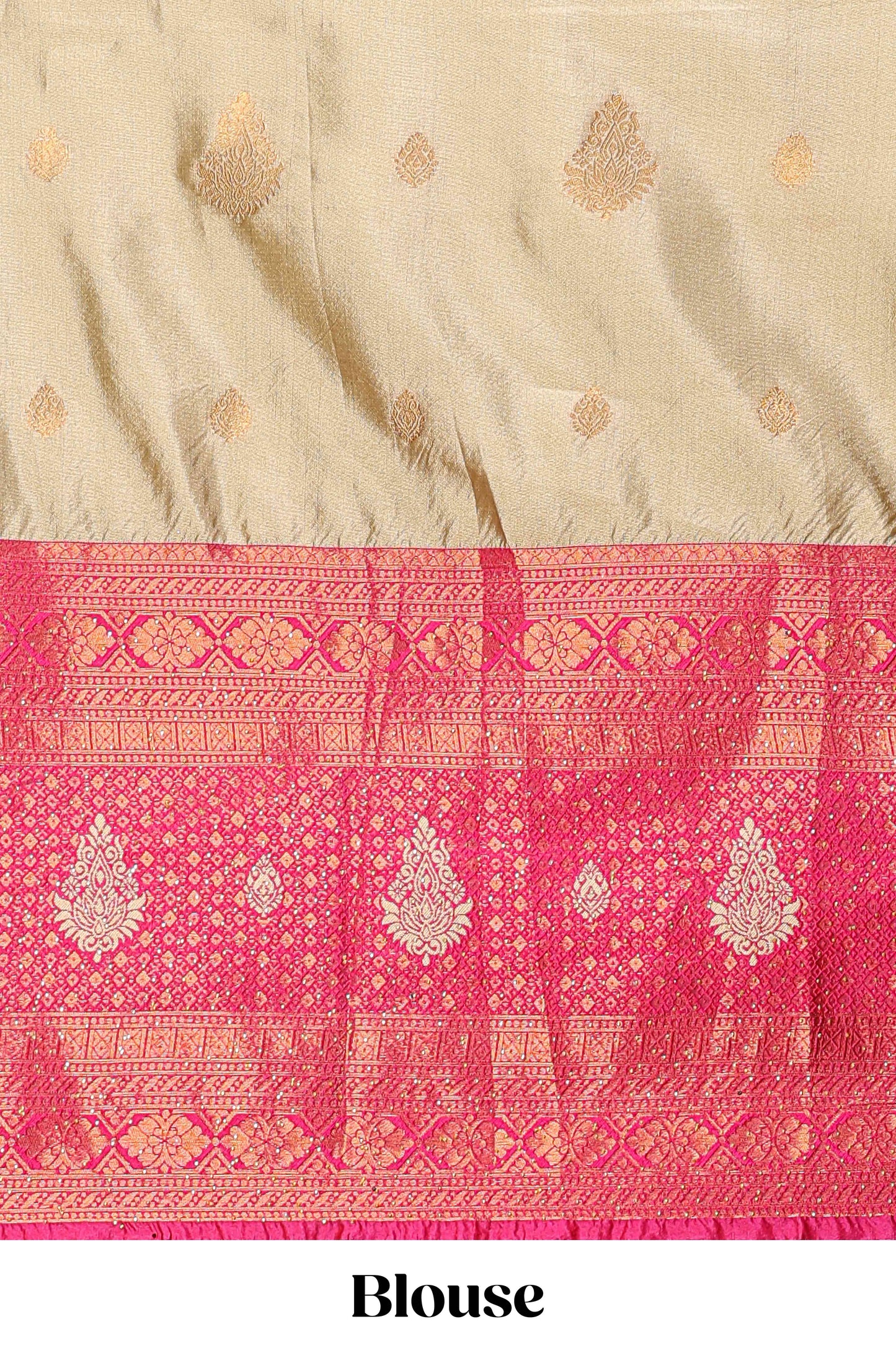 Golden raw silk zari butta lehenga with pink contrast border and dhavani