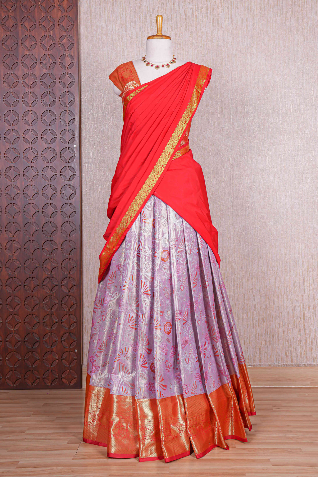 Lavender jacquard floral design half saree with contrast zari border and dhavani