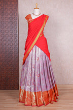 Lavender jacquard floral design half saree with contrast zari border and dhavani