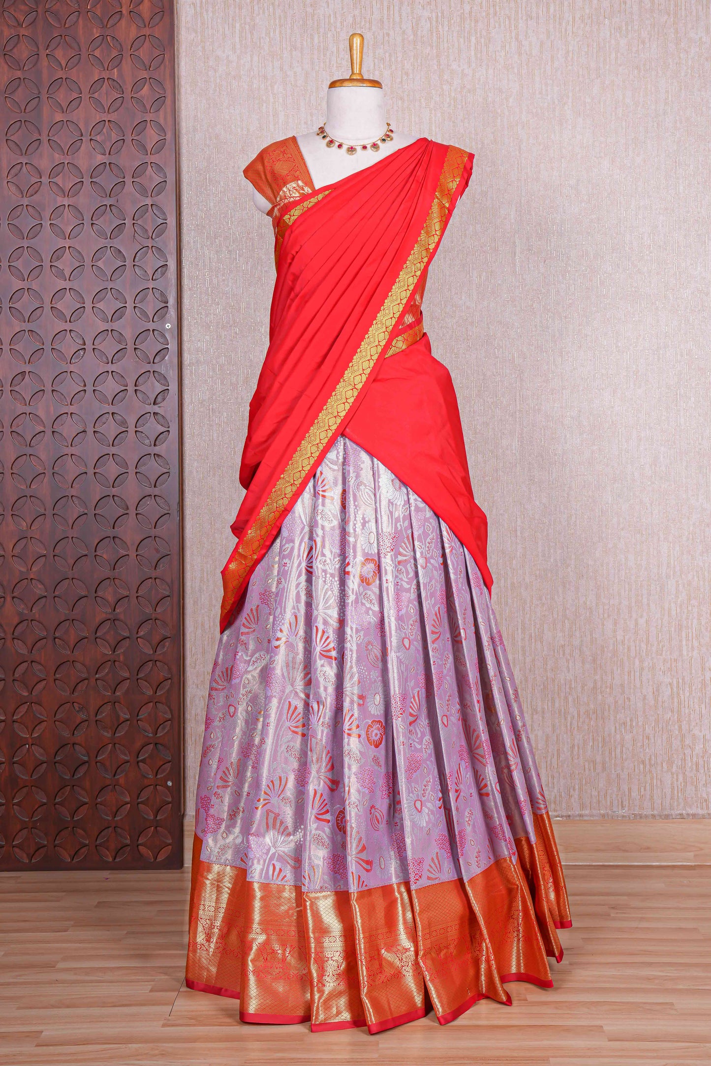 Lavender jacquard floral design half saree with contrast zari border and dhavani