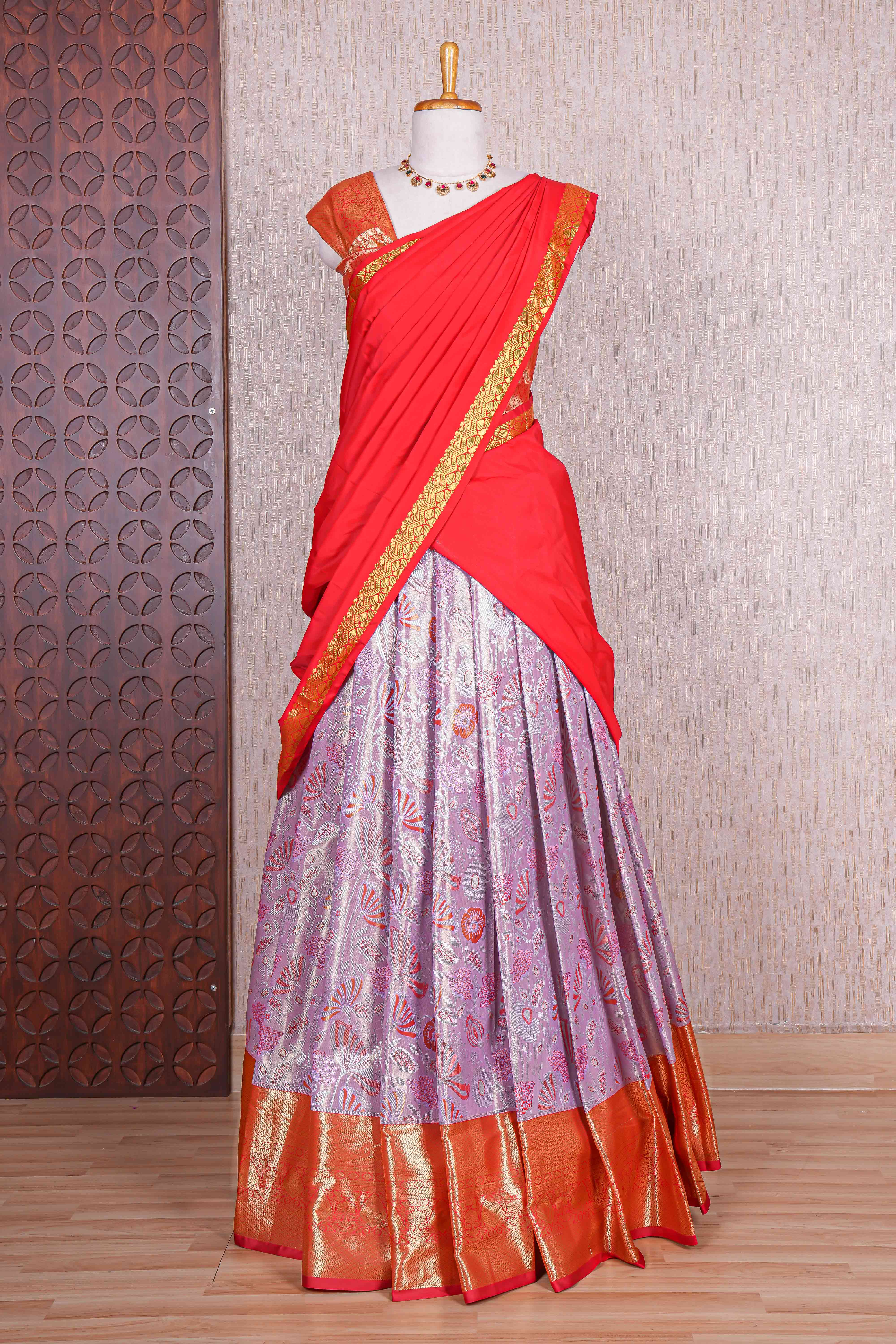 Lavender jacquard floral design half saree with contrast zari border and dhavani