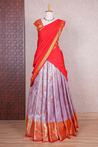 Lavender jacquard floral design half saree with contrast zari border and dhavani