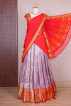 Lavender jacquard floral design half saree with contrast zari border and dhavani