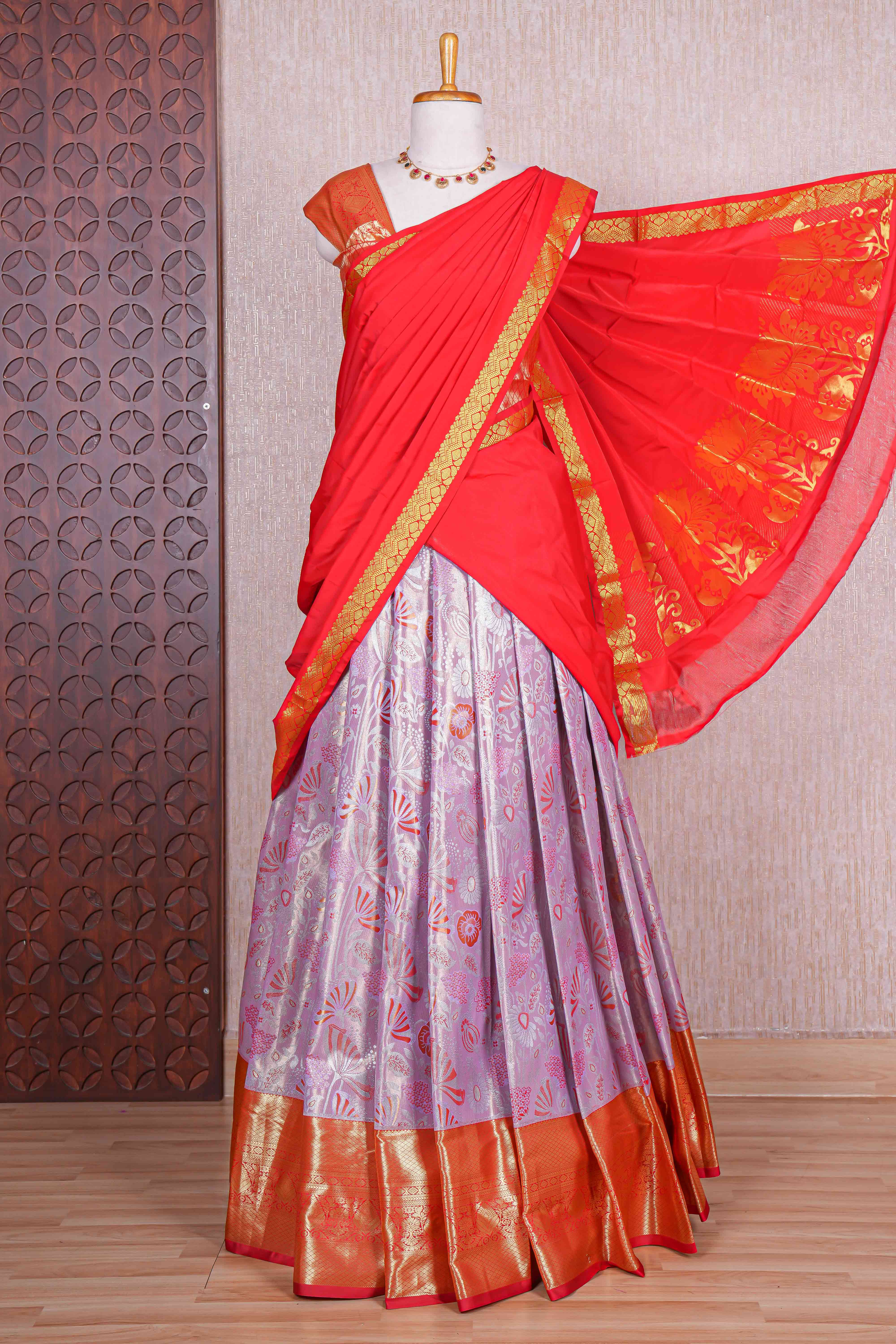 Lavender jacquard floral design half saree with contrast zari border and dhavani
