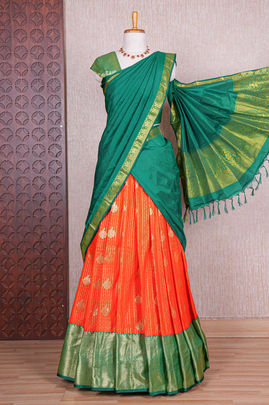 Red striped floral zari butta half saree with contrast zari border and dhavani