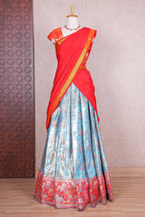 Sky blue jacquard floral zari design half saree with contrast zari border and dhavani
