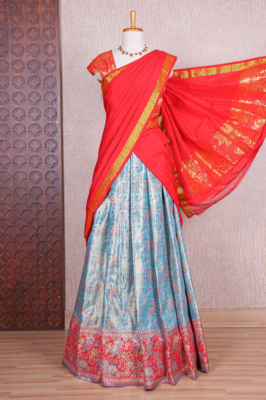 Sky blue jacquard floral zari design half saree with contrast zari border and dhavani