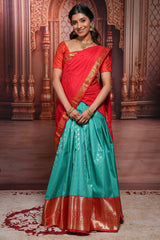 Turquoise blue floral zari design half saree with contrast zari border and dhavani