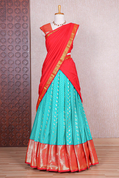 Turquoise blue floral zari design half saree with contrast zari border and dhavani