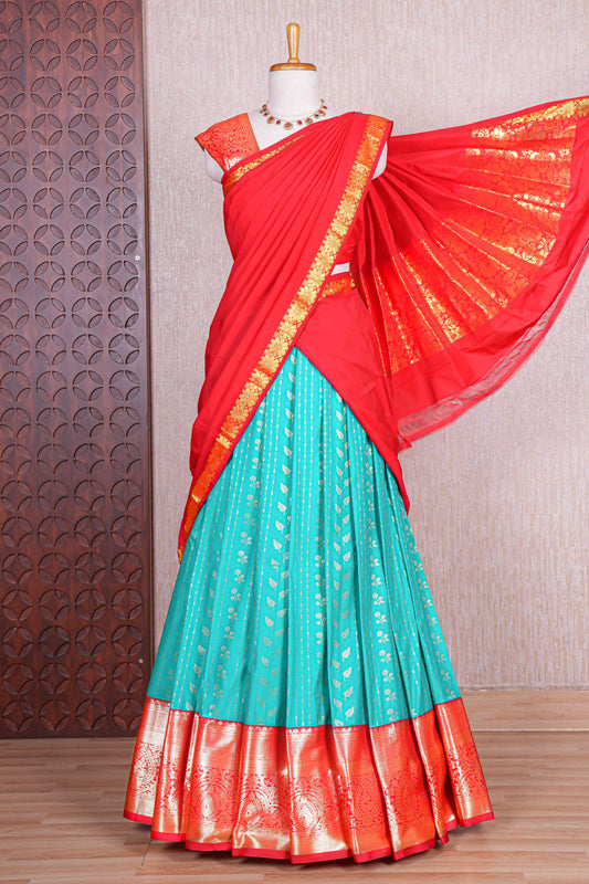 Turquoise blue floral zari design half saree with contrast zari border and dhavani