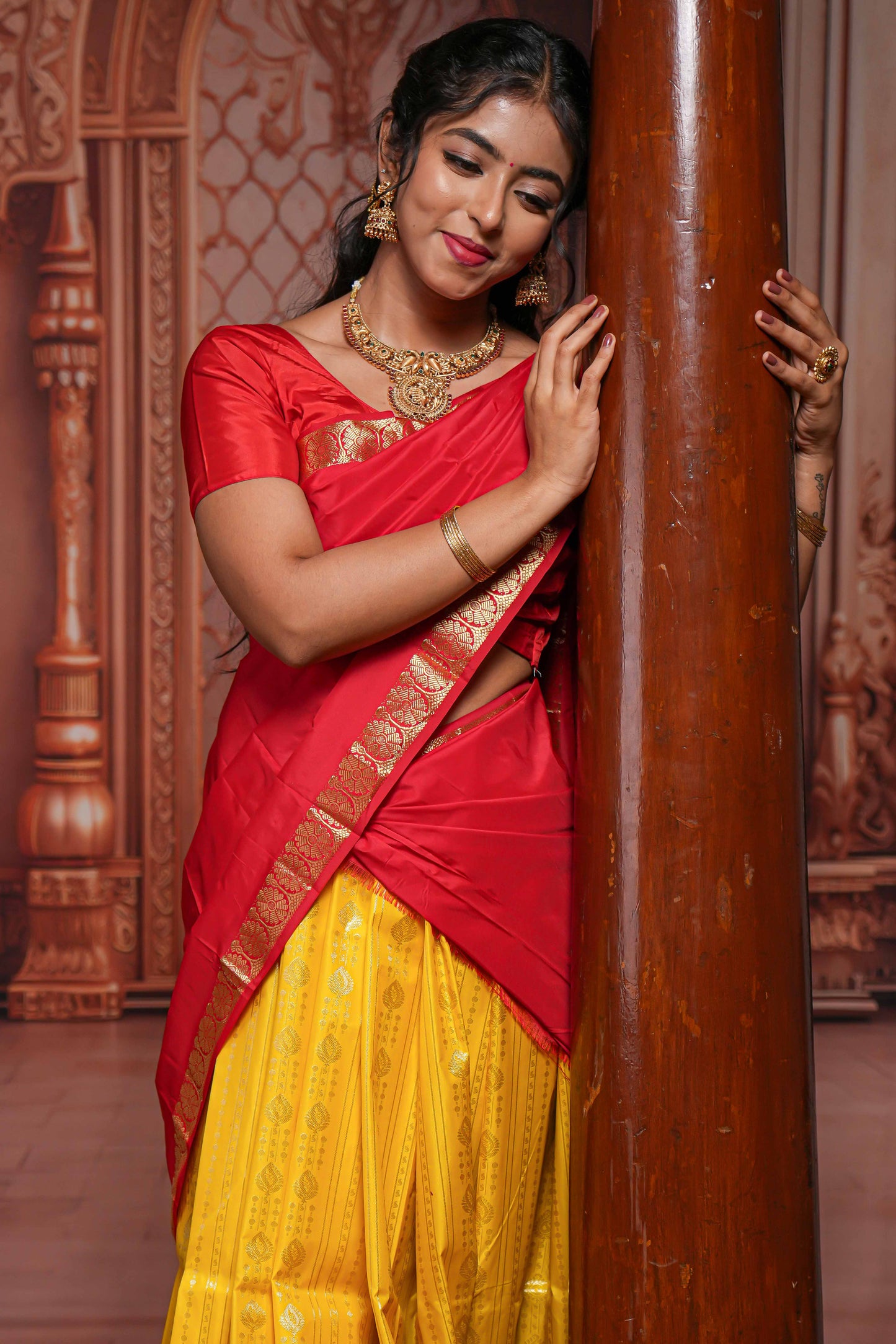 Yellow striped zari butta design half saree with contrast zari border and dhavani