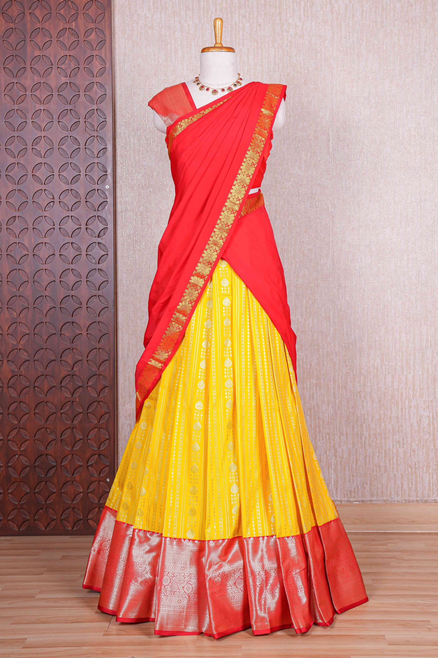 Yellow striped zari butta design half saree with contrast zari border and dhavani