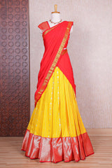 Yellow striped zari butta design half saree with contrast zari border and dhavani