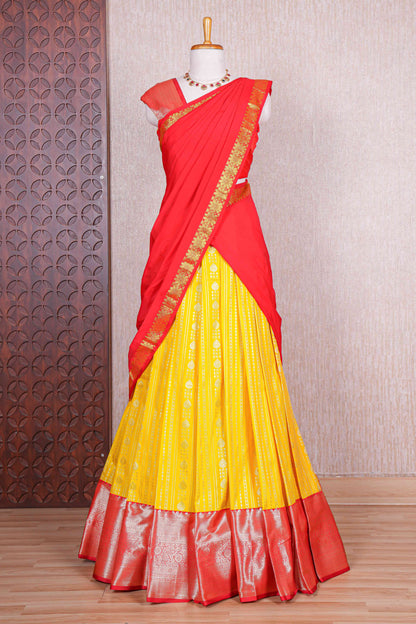 Yellow striped zari butta design half saree with contrast zari border and dhavani
