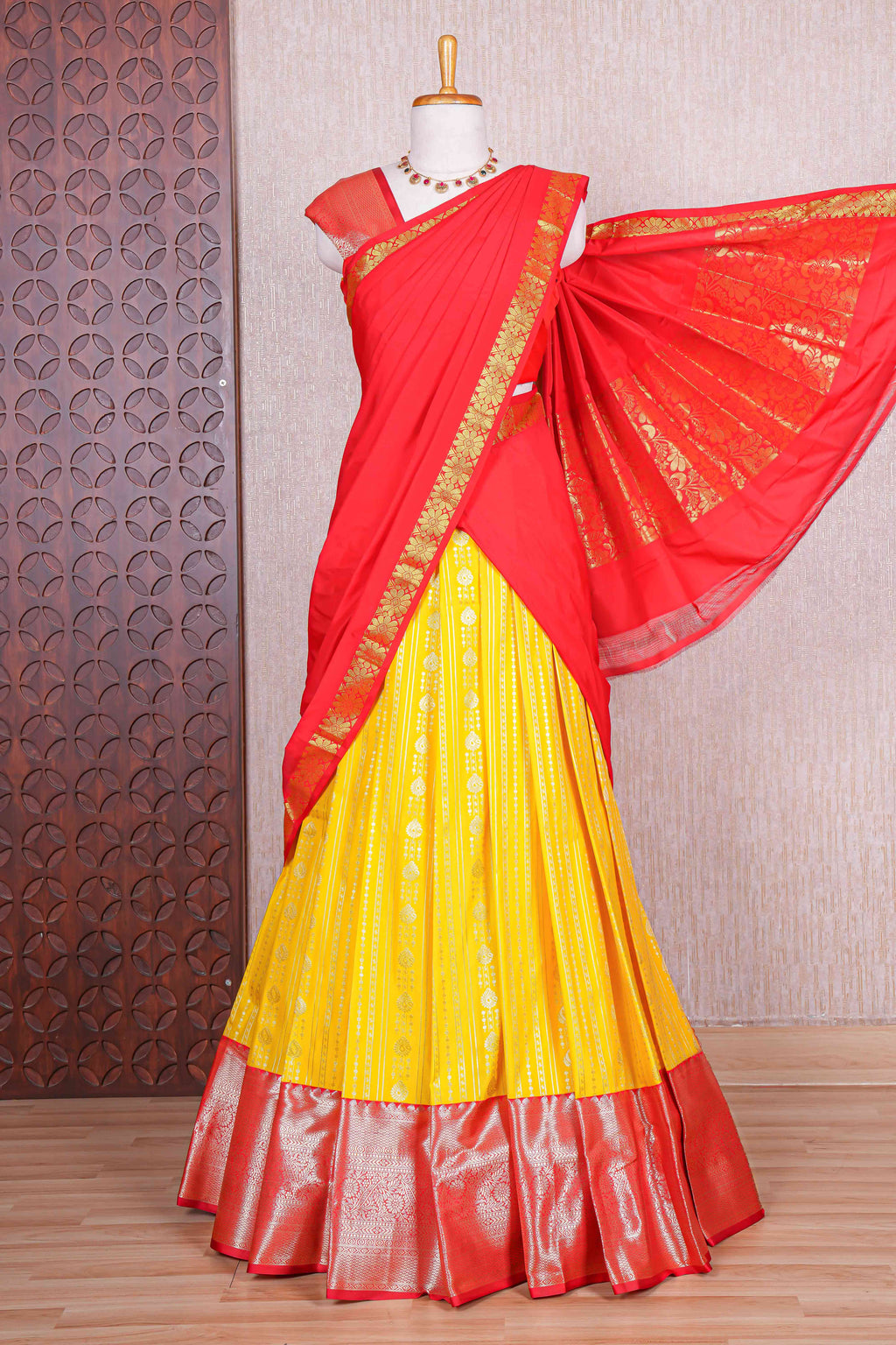Yellow striped zari butta design half saree with contrast zari border and dhavani
