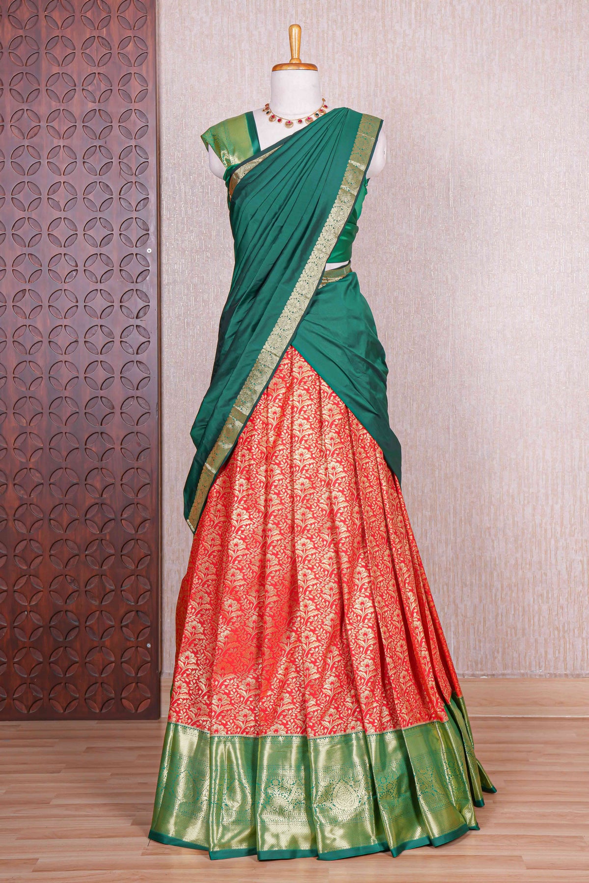 Maroon floral zari design half saree with contrast zari border and dhavani