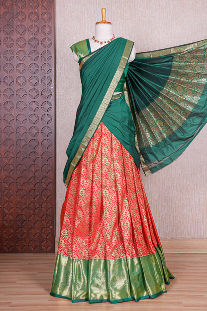 Maroon floral zari design half saree with contrast zari border and dhavani