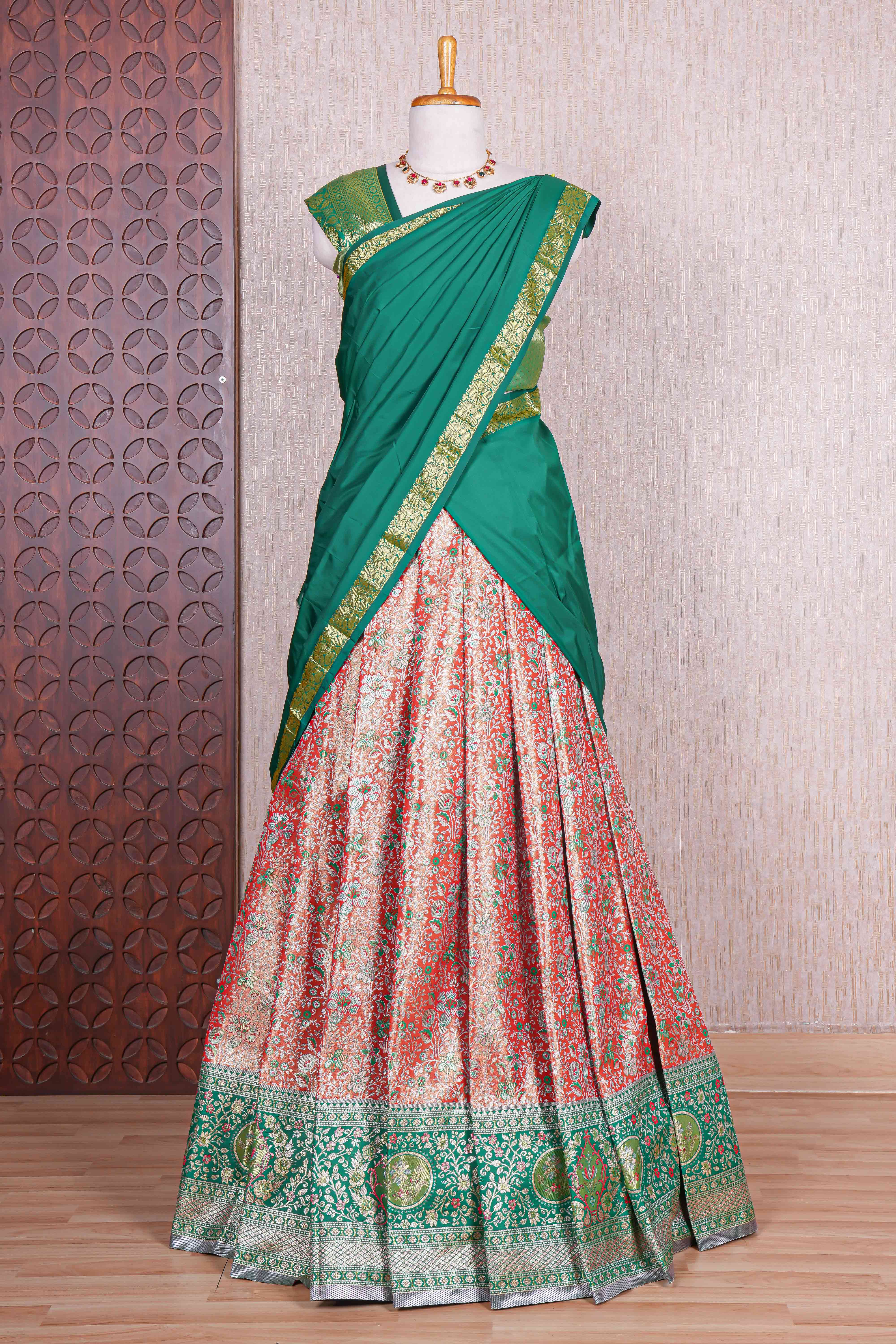 Red jacquard floral zari design half saree with contrast zari border and dhavani
