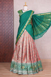 Red jacquard floral zari design half saree with contrast zari border and dhavani