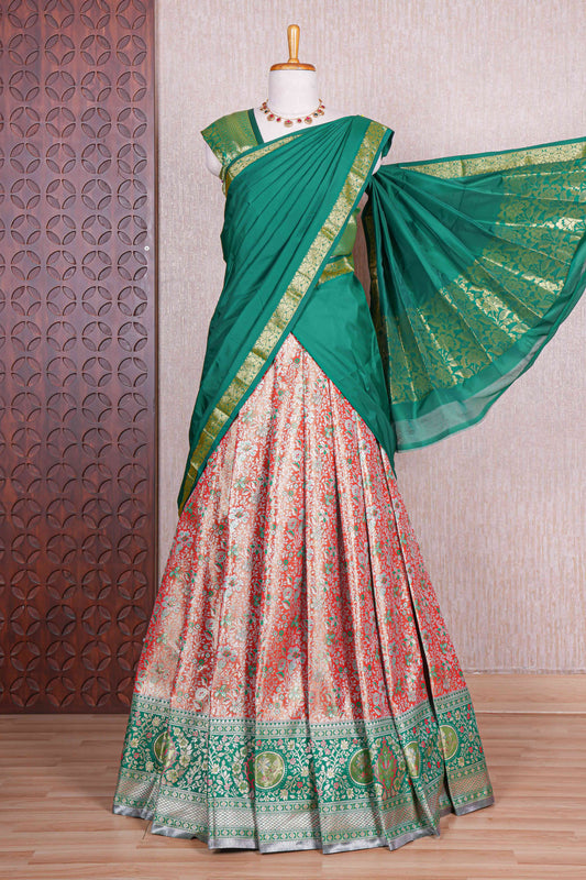 Red jacquard floral zari design half saree with contrast zari border and dhavani