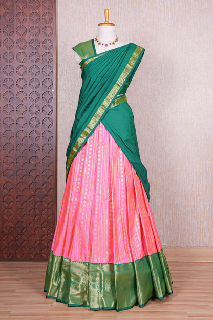 Pink striped zari design half saree with contrast zari border and dhavani