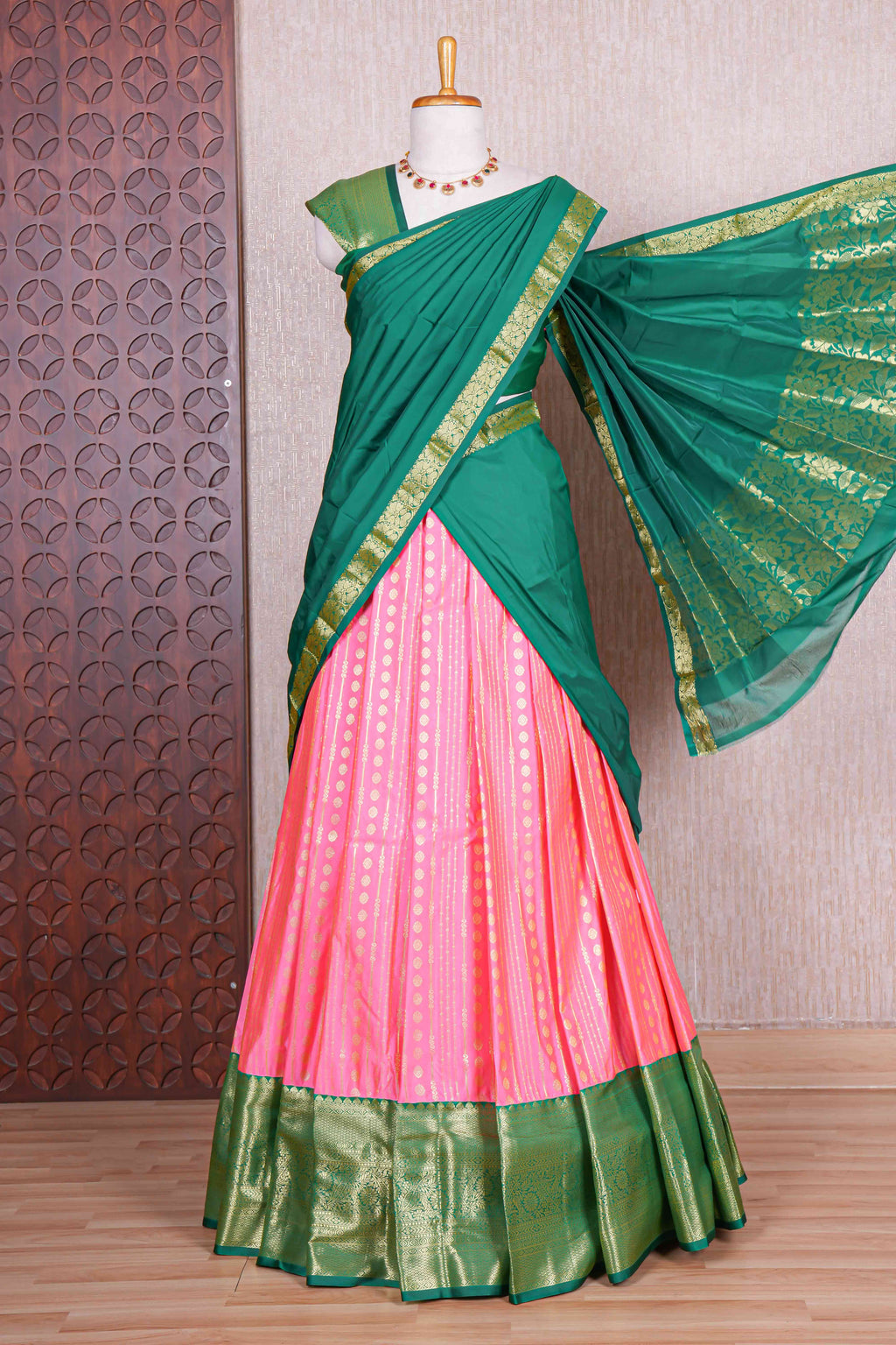 Pink striped zari design half saree with contrast zari border and dhavani