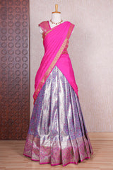 Lavender jacquard floral zari design half saree with contrast zari border and dhavani